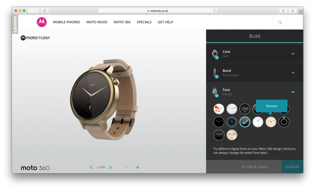 Якщо ви замовляєте годинник на офіційному сайті Motorola, ви можете вибрати розміри і ширину ремінця, кольору і матеріал браслета (шкіра або метал), варіант циферблата