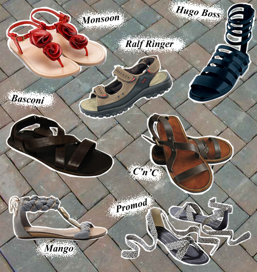 А ось для активних прогулянок по місту сандалі - найкраща взуття: вони можуть бути спортивними, придатними для тривалих піших подорожей, звичайними з парою ремінців або грецькими з десятком шкіряних стрічок, що охоплюють ногу